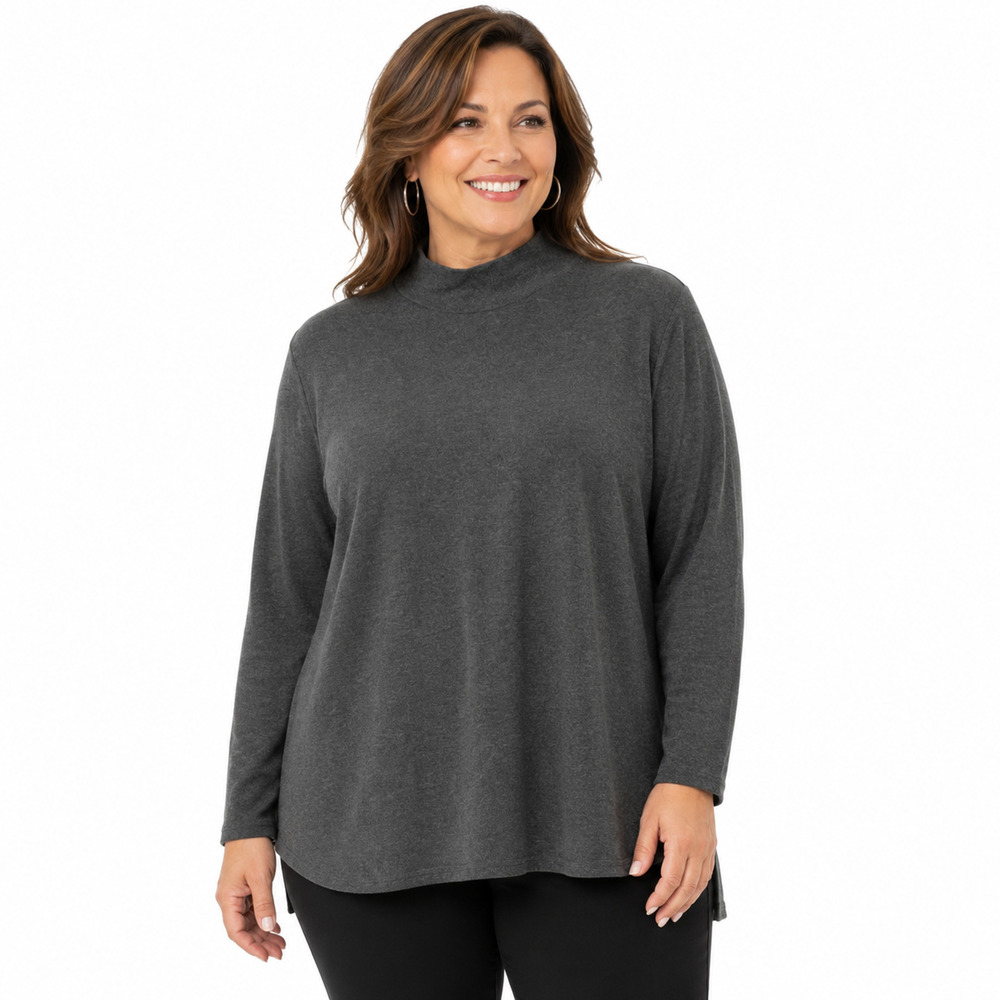 Chicos Charcoal Gray Mock Neck Zip Up Long Sleeve Cotton Knit Top Shirt 3 / XL